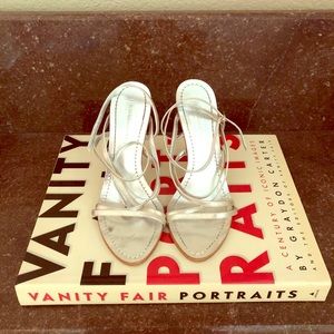 BCBG Silver Strappy Sandal Heel, 8.5